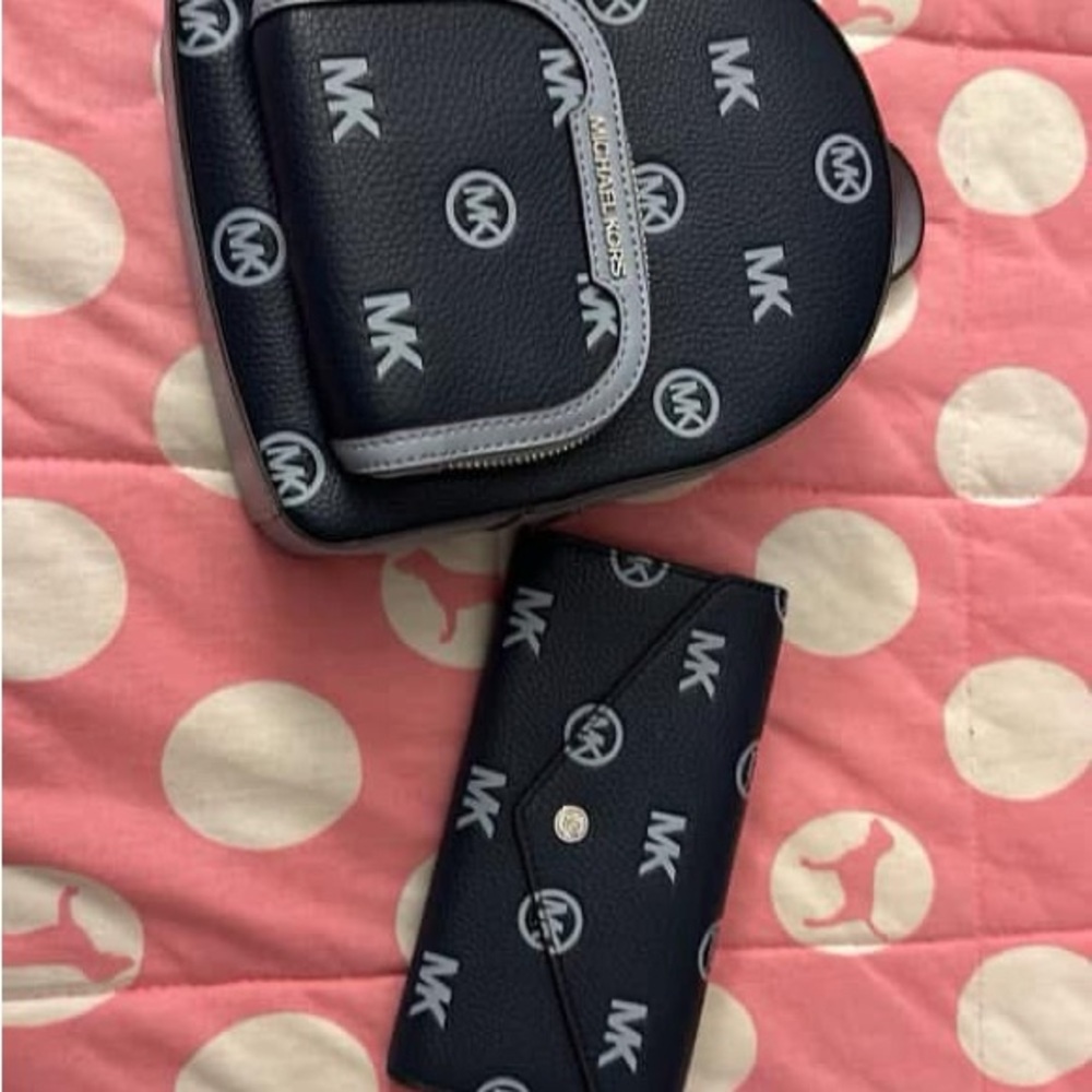 Michael Kors Navy and baby blue Logo Backpack and Wallet